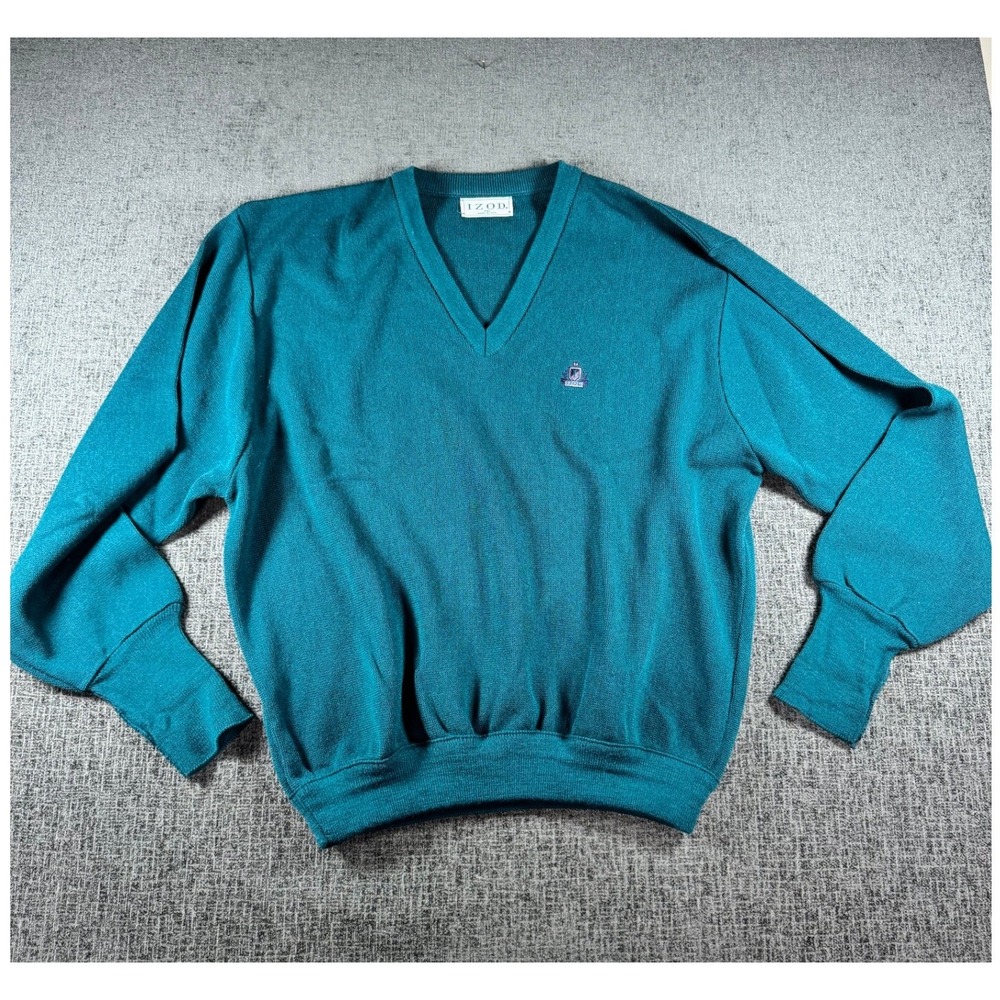Vintage Izod‎ V-Neck Sweater Mens XXL Teal Green Knit Pullover Made in USA